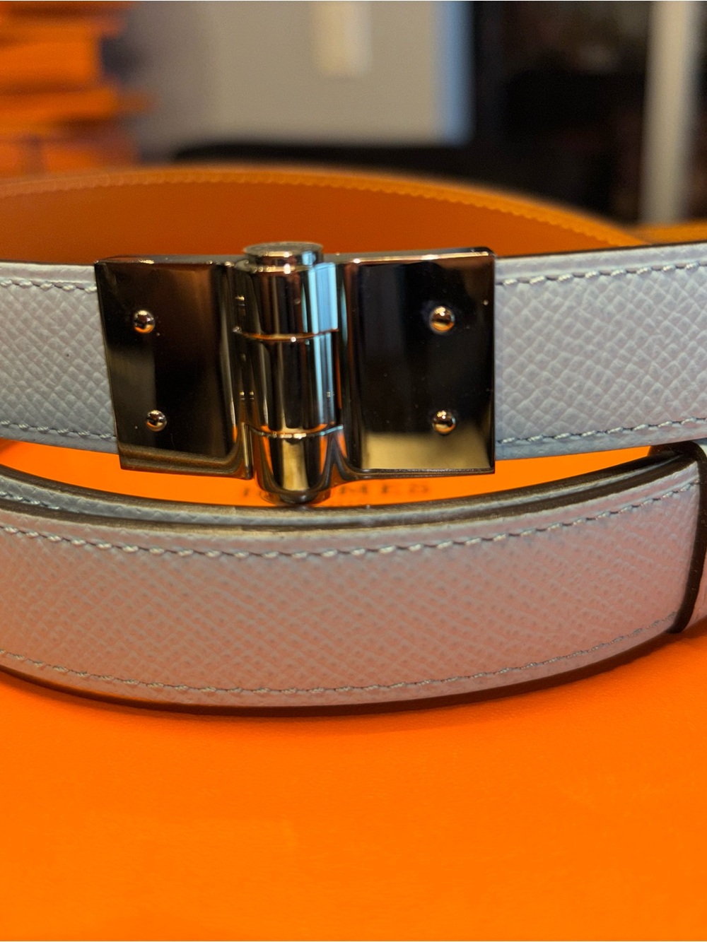 Hermes Light Blue Leather Double-Sided Belt with Silver Lock - Picture 2 of 5